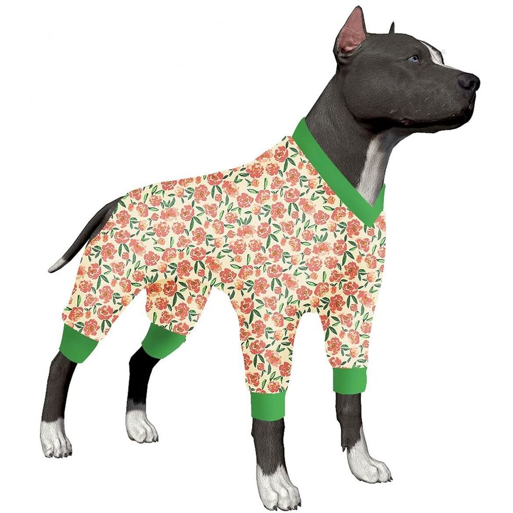 Lovinpet Large Dog Pajamas Floral Print Pink Roses Green Trim Pitbull‎ Pajamas
